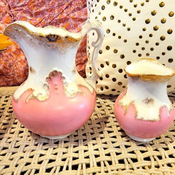 Other - Antique Pitcher & Vase Set of Two Fluted - Pink, White, and Gold Semi Porcelain